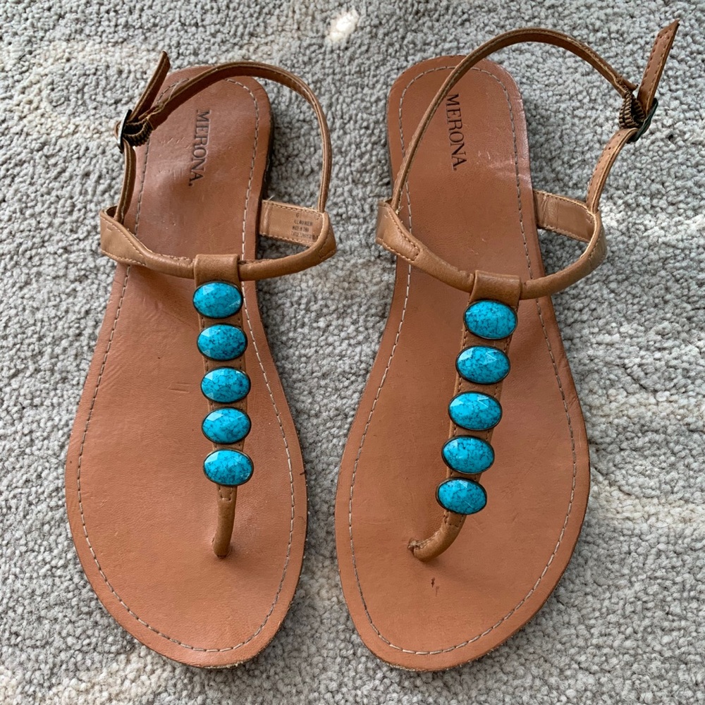 Merona Tan Sandals with Turquoise Stones